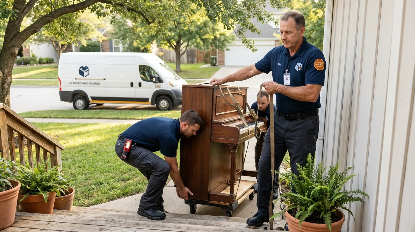 Licensed piano movers securing grand piano in Mobile, AL