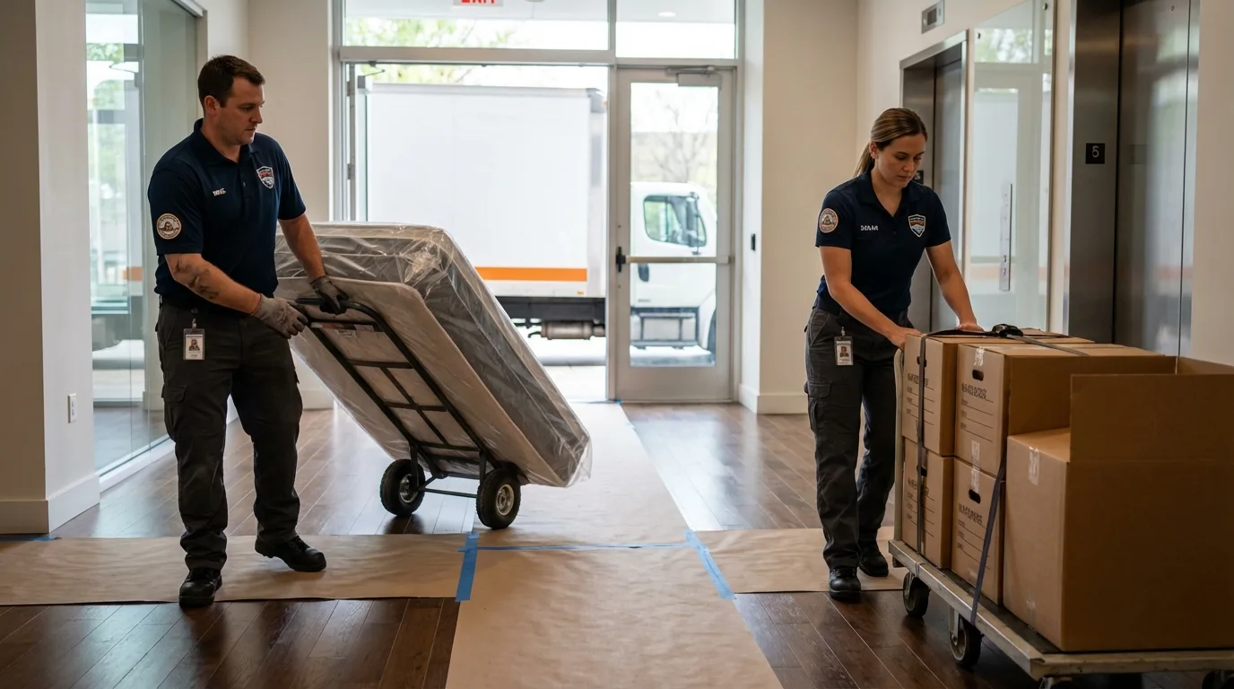 Professional apartment movers loading elevator in Mobile, AL